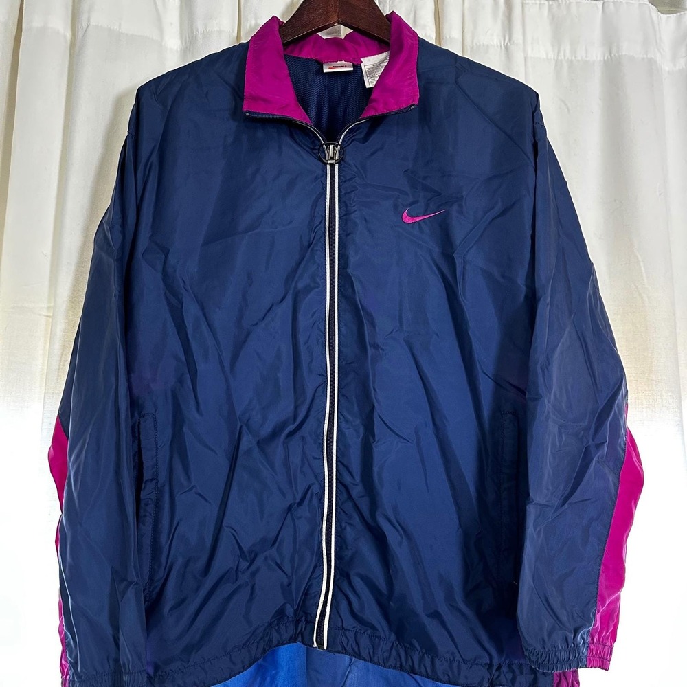 VTG Nike 90's Windbreaker Jacket Navy Pink Full Zip Athleisure Sportswear Size L